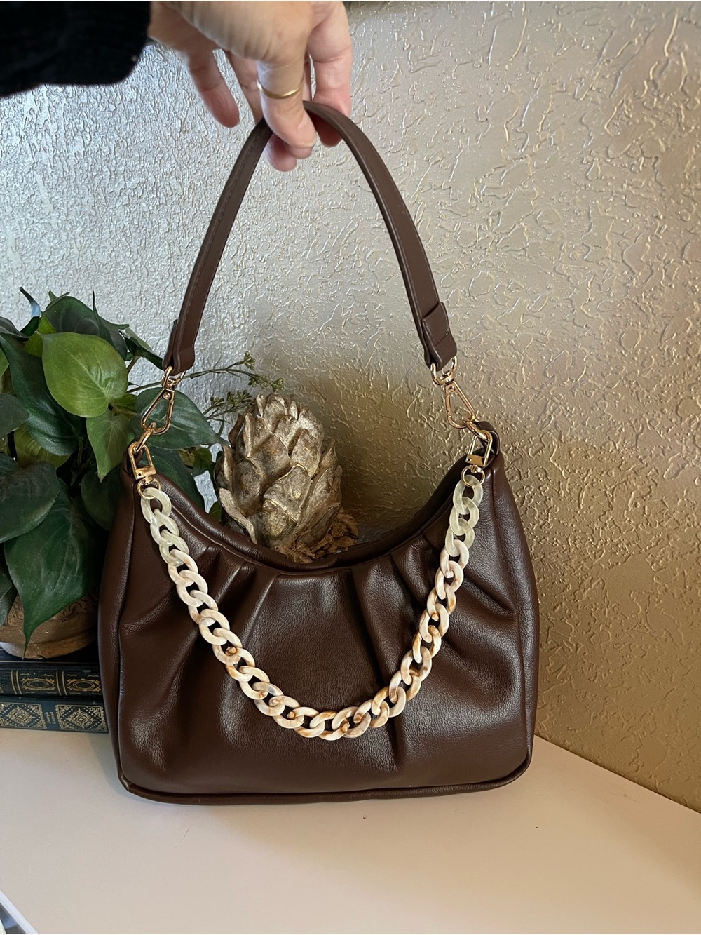 Classic Brown Ruched Shoulder Bag with Chain Accent